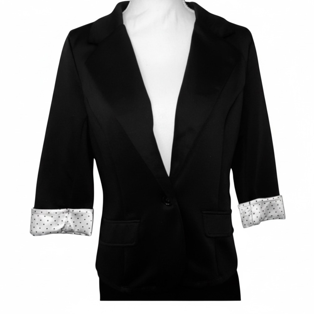 ROBERT LOUIS Vintage Blazer Black w/ White Satin Polka Dot Cuffs in SIZE MEDIUM
